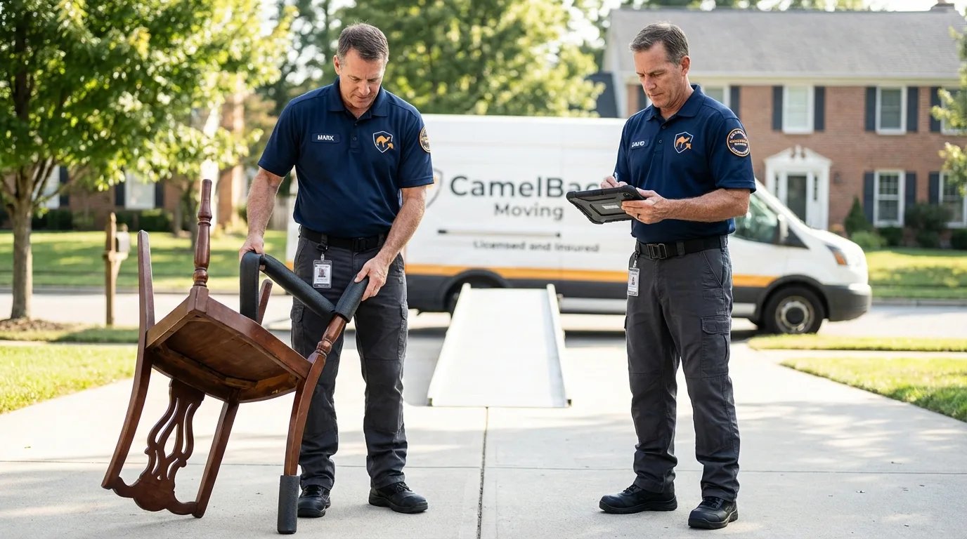 Movers inspecting furniture for damage prevention before loading in Turner, ME
