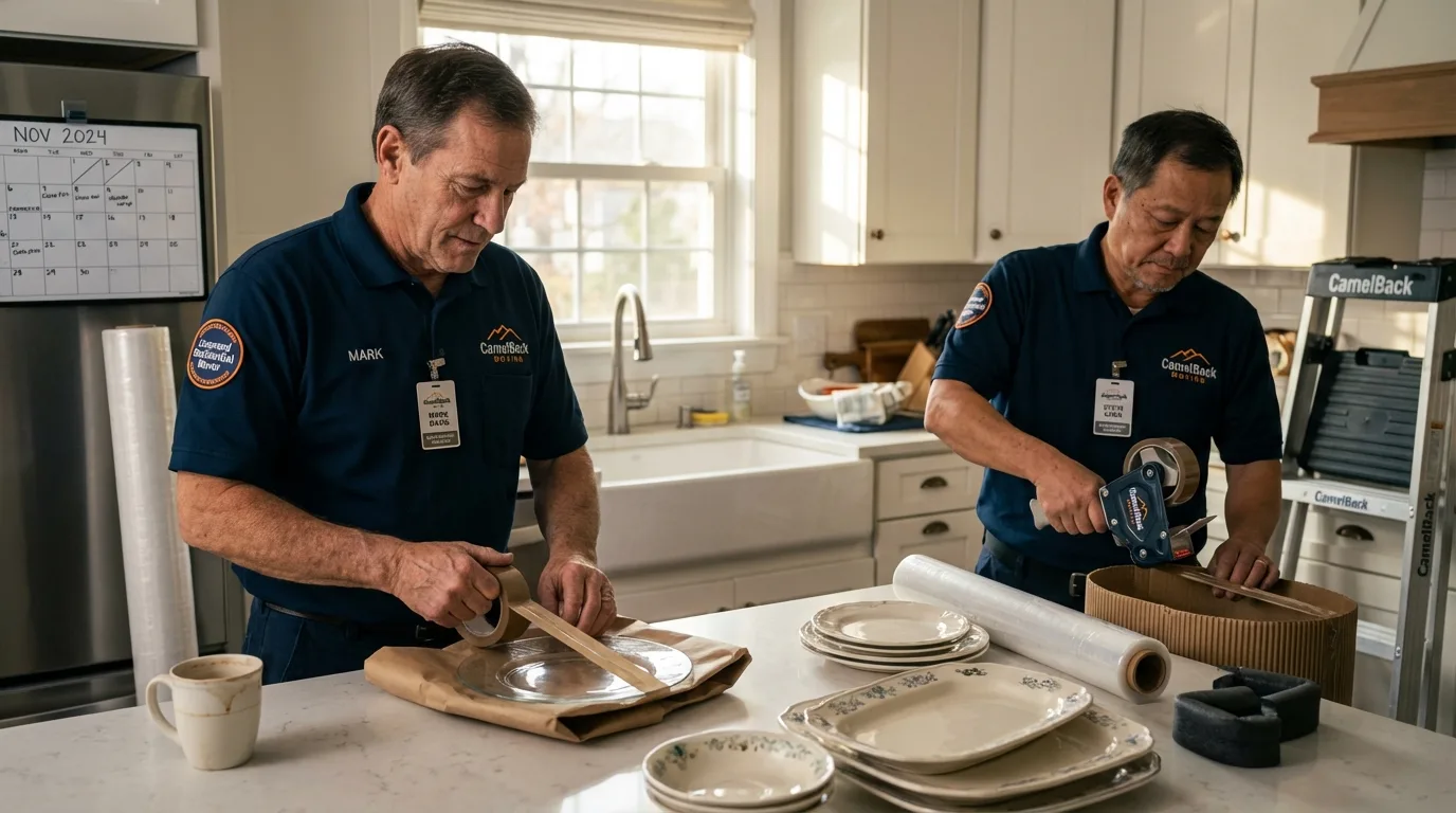 Professional crew packing kitchen dishware in Turner, ME